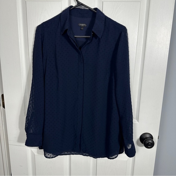 Talbots PM tunic blouse, navy w/Swiss dots, sheer sleeves, spring, office - Picture 1 of 7